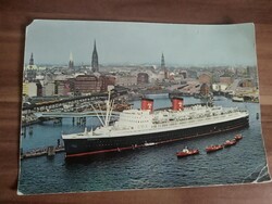 Németország, Hamburg,kikötő, hajó,nagyméretű képeslap, 1962