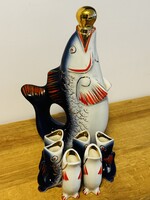 Ritka 1960-as Polonne vodkás készlet – hal formájú, kézzel festett, aranyozott porcelán