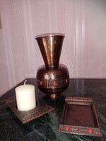 Képcsarnokos  Lignifer Muharos  iparművész ötvös tűzzománcos váza,  névjegytartó és   gyertyatartó