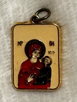 Szűz Mária a kis Jézussal – zománcozott vallásos medál (2×1,5 cm)