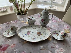 Antik szalag-koronás herendi bonboniere, kávés csészék, kávéskanna és szalagkoronás tál eladó