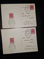 1939, felvidéki bélyegkiállítás, két emlékbélyegzős levelezőlap