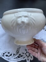 Oroszlán fejes talpas fehér porcelán leveses tál, kaspó