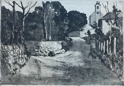 Biai Föglein István (1905-1974)  Lejtős köz, rèzkarc ajánlással kèszített alkotás, 29x20cm