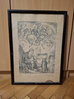 Abonyi Ernő: "S.O.S.", litográfia, szignós, ajánlással