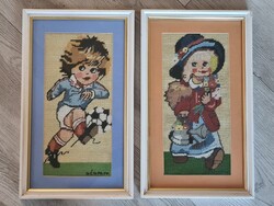 Páros retro varrott textilkép focista kisfiú virágszedő lány gyerekszoba dekor aranycsíkos keretben