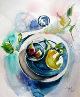 Still life with lemon and figs -  watercolor painting -Csendélet citrommal és fügével -akvarell