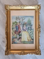 Lánykérés - vintage stílusú gobelin impozáns arany színű blondel keretben Inke László hagyatékából