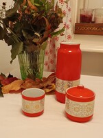 Hollóházi piros arany dohányzó asztali készlet váza + 2 kis tartó apró hibákkal