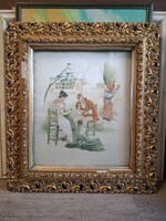 Szövött, festett selyem életkèp, 28x34 cm fészekmérettel, üvegezett, áttört, sérült keretben