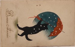 Bonne Année – fekete macska esernyővel, francia újévi képeslap, 1905