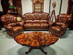 Antiqued Brown Italian Genuine Leather 3-Seater Sofa + 2 Armchairs, Like New Condition