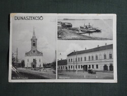 Képeslap,Dunaszekcső,Rk. templom,községháza,gőzhajó kikötő,Steffek Gyula kiadás,Csillaghegy,1935-