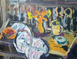 Gera Éva: Csendélet (Képcsarnokos olajfestmény) asztali csendélet vázával, virággal, színes modern