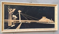 Pozsonyi Új híd és vár – szalmarátétes intarzia, 1981 (diplomáciai ajándék)