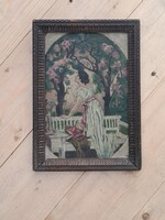 Találka a ligetben 100 év körüli szecessziós olaj karton valódi vintage enteriőr kép