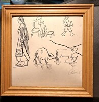 Róna Emy kétoldalas tusrajz és ceruzarajz (népi életkép és art deco nőalak)