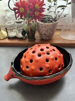 Retro Tófej narancs- fekete mázas kerámia sün ikebana tál, virágrendező vagy tolltartó