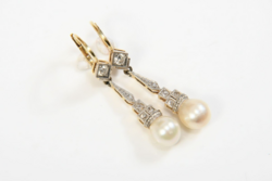 Szecessziós arany 14 karátos fülbevaló 0,20 karátos gyémántok és gyöngyök