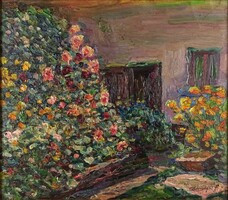 1X818 Dinnyés Ferenc : Virágos udvar 41.5 x 36.5 cm