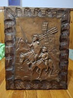 Don Quijote témájú bronz lemezdomborítás, vagy galvanoplasztika, faragott falapon