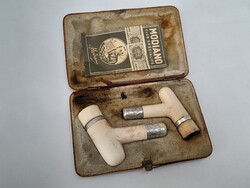 Gyönyörű ezüst szerelékes antik pipa páros eredeti dobozában