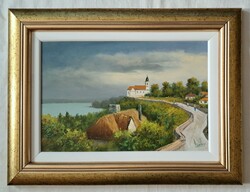 KERETES FIX AKCIÓS ÁR! Lantos György "Tihanyi este" c. olajfestménye minőségi dupla keretben