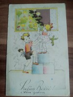 Rajzos karácsonyi lap, kislány, kisfiú, fenyőfa,1939-ből