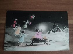 Antik színezett karácsnyi lap, angyalkák, szánkózó angyal