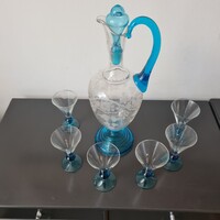 Szecessziós fújt kék üveg kancsó, poharakkal és kis kancsóval