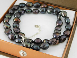 Gyöngy Nyaklánc Ezüst 925 Állítható Kapoccsal, Gyöngyház Fekete/Multikolor Baroque Gyöngyökkel