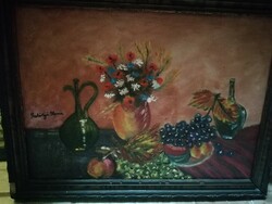 Antik asztali csendélet jelzett olaj vászon 49 cm x 37 cm