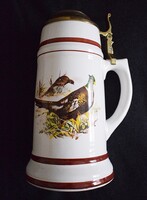 Sörös korsó , réz fedeles , mázas kerámia kupa 1 L ,  vadászos téma fácánok 12,5 x 24 cm + fül