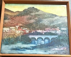 Krieg Ferenc 1921-2013 festőművész, grafikus jelzéssel olaj-farost technikával tájkép