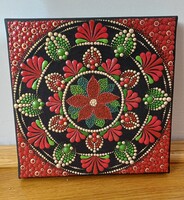 ÚJ! Mikulásvirág mandala piros, zöld, arany feszített vászon kép kézzel festett 20x20cm