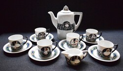 Hüttl Tivadar szecesszió kávés mokkás készlet Aquincum porcelán 6 csésze és alj kávé tejszín kiöntő