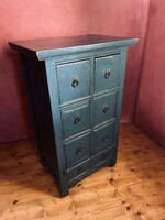 Antik mély zöld smizett, 8 fiókos, fiókos magas komód fém fogantyúkkal