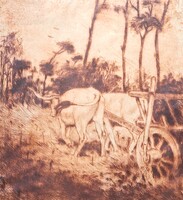 AKCIÓ! CSAK 7 EZER FT: Komjáti-Wanyerka Gyula - Ökrösszekér rézkarc, 1921 - paraszti kép, állatok