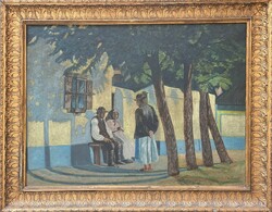 Falusi életkép, régi antik olajfestmény, nagyméretű! keretezett - Paraszti élet, Beszélgetők