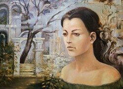 Kalcsó József: Parkban (olajfestmény kerettel) Gyönyörű fiatal nő - boltíves antik épület, tájkép