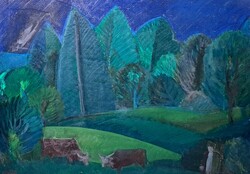 Pataki József (1928-1995): Esti legeltetés (Képcsarnokos olajfestmény) Erdei táj tehenekkel