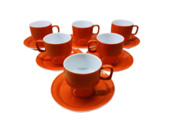 Hollóházi 6 személyes, piros porcelán csésze készlet, alátéttel