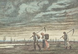 AKCIÓ! Conrád Gyula: Hazafelé (színes rézkarc keretben) paraszti élet, Alföld, munka a földeken