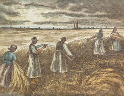 AKCIÓ! Conrád Gyula: Aratás (színes rézkarc keretben) paraszti élet, Alföld, munka a földeken