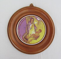 FÁBIÁN RÓZSA Madonna jelzett porcelán fali dísz bőr keretben