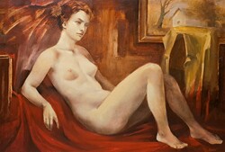 Kalcsó József: Fekvő akt enteriőrben (olajfestmény) vörös tónusú kép