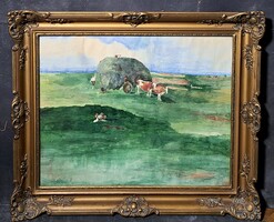 AKCIÓ! Paraszti életkép tehenekkel (régi akvarell blondel keretben)