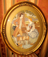 CSODASZÉP NAGYMÉRETŰ  SZÁZADFORDULÓS GOBELIN KÉP OVÁLIS KERETBEN