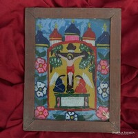 Erdélyi Székely Szentkép üveg ikon kézi festés Jézus a kereszten fa keretben házi áldás templomi