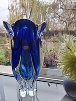Josef Hospodka, Sklo Union, Bohemia cseh kék üveg vastagfalú váza, 28 cm
